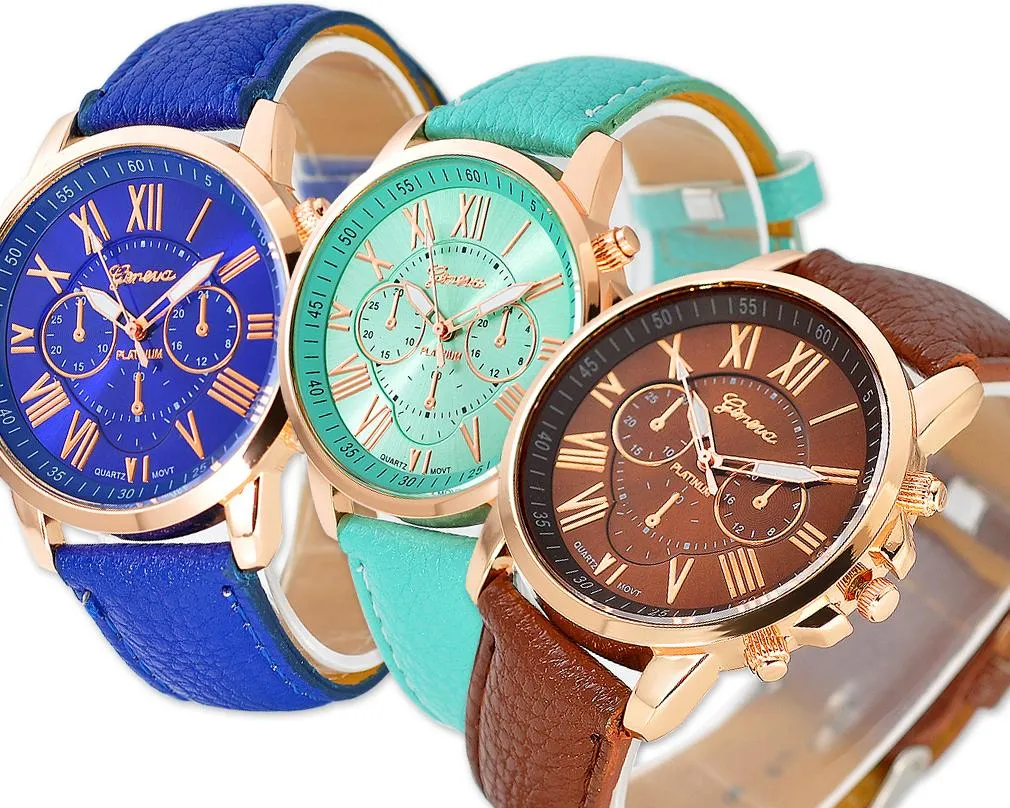 10 Pcs Geneva Unisex Gold Plated Round Leather Wrist Watches