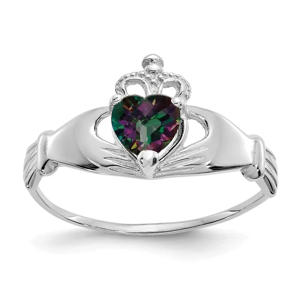 14k White Gold Birthstone Claddagh Heart Ring