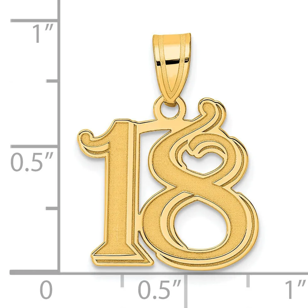 14k Yellow Gold Polished Etched Finish Number 18 Charm Pendant