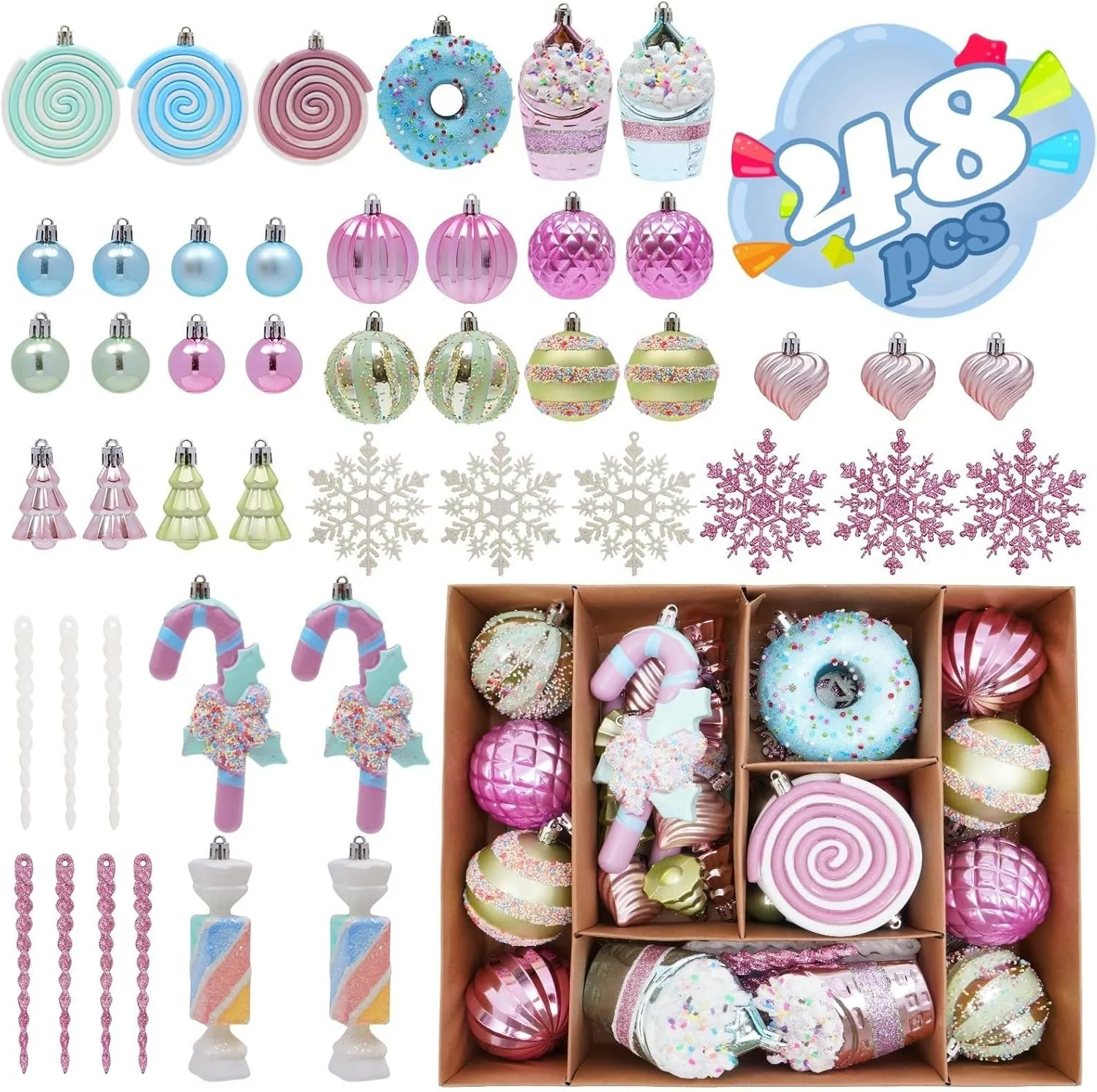 48-Pack Shatterproof Macaron Christmas Balls Ornaments Set