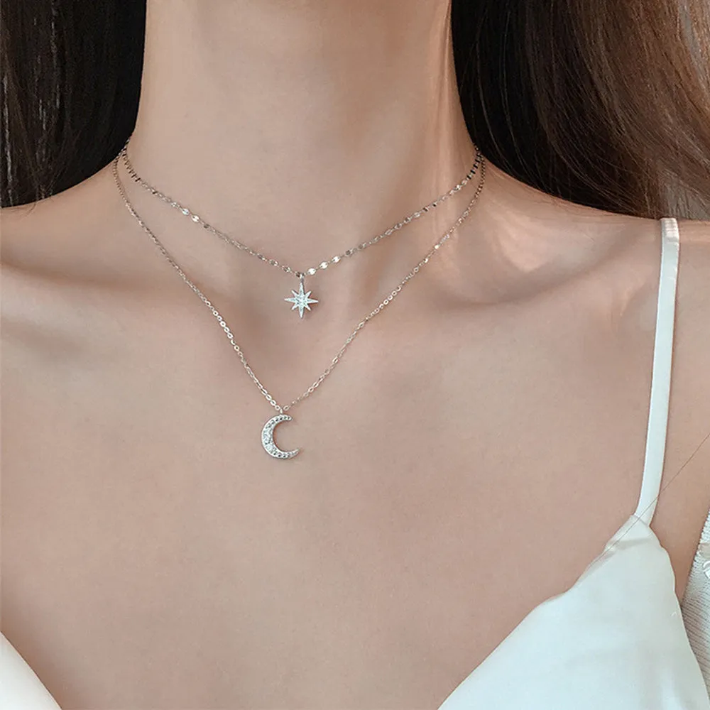 4FunGift® Double Layer Stackable Women's Necklaces Star Moon Heart Pendant Choker Chain Fine Jewelry