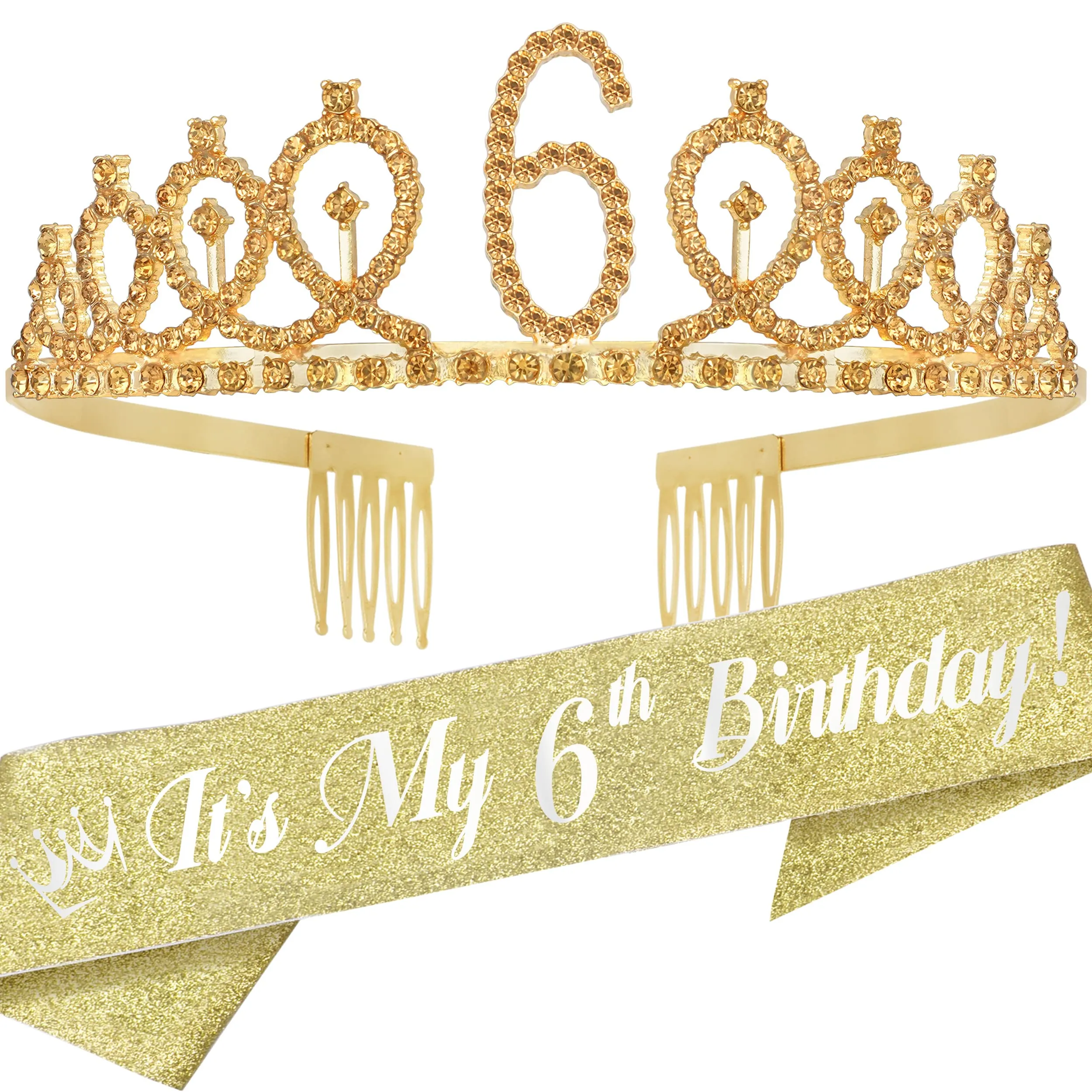 6th Birthday, 6th Birthday Gifts for Girls, 6th Birthday Tiara and Sash Gold, 6th Birthday