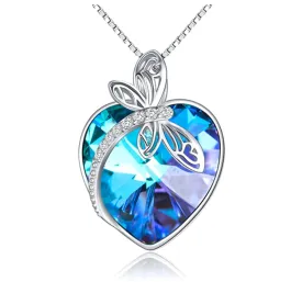 925 Sterling Silver Heart Dragonfly Pendant Blue Simulated Diamond Necklace Dragonfly Jewelry Chain Birthday Gift 20in.