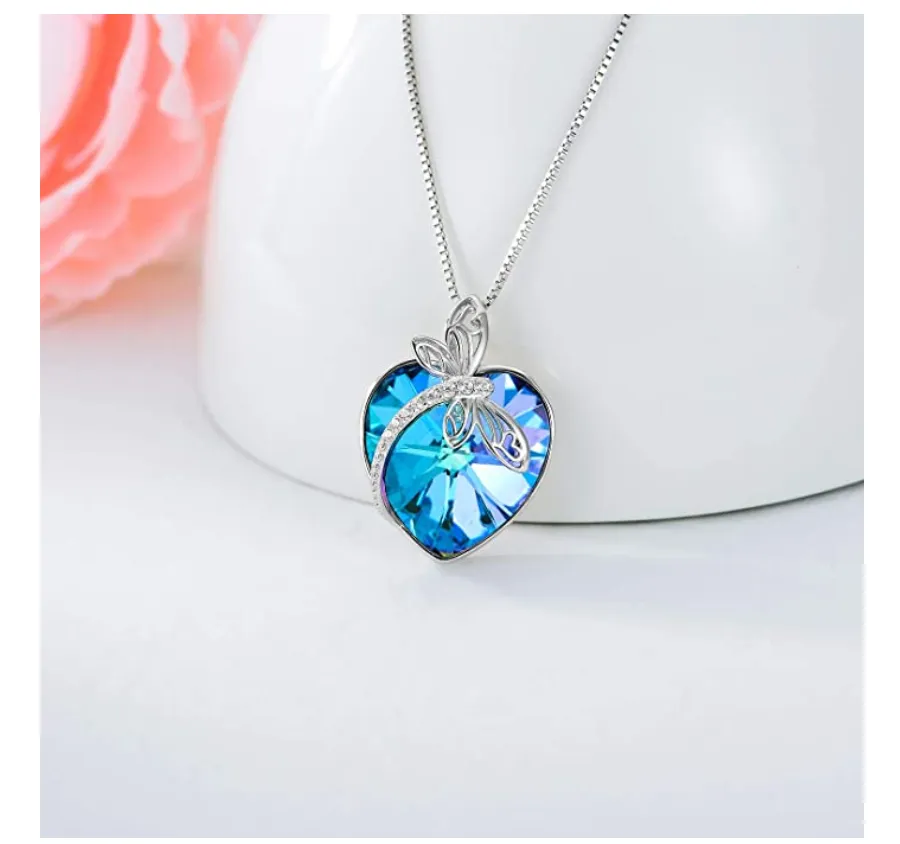 925 Sterling Silver Heart Dragonfly Pendant Blue Simulated Diamond Necklace Dragonfly Jewelry Chain Birthday Gift 20in.