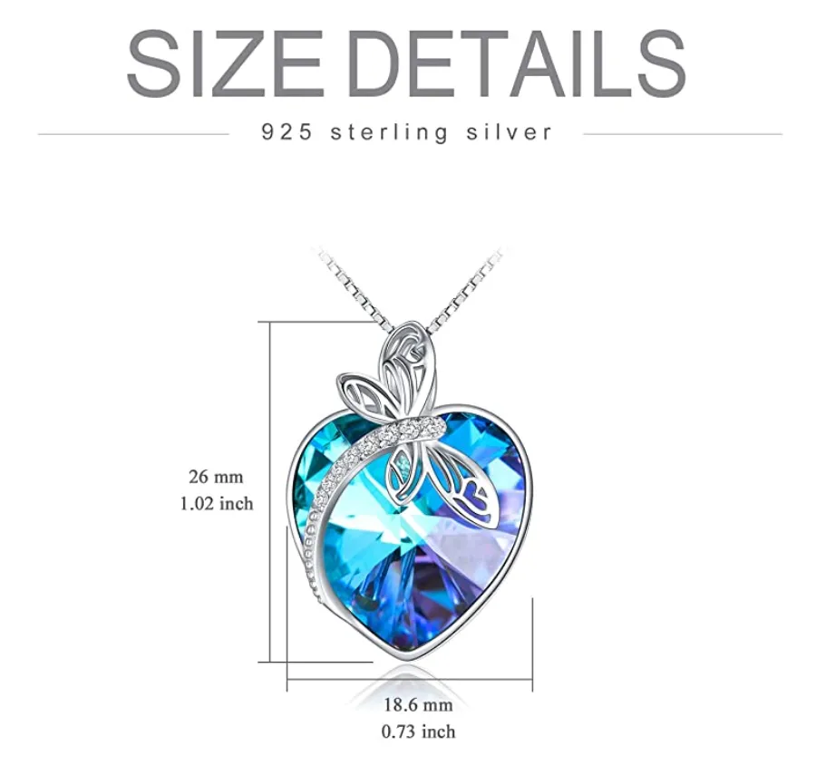 925 Sterling Silver Heart Dragonfly Pendant Blue Simulated Diamond Necklace Dragonfly Jewelry Chain Birthday Gift 20in.