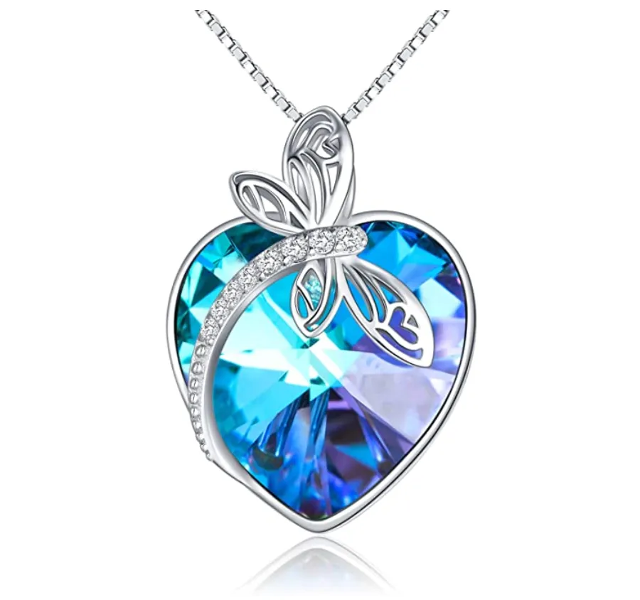 925 Sterling Silver Heart Dragonfly Pendant Blue Simulated Diamond Necklace Dragonfly Jewelry Chain Birthday Gift 20in.