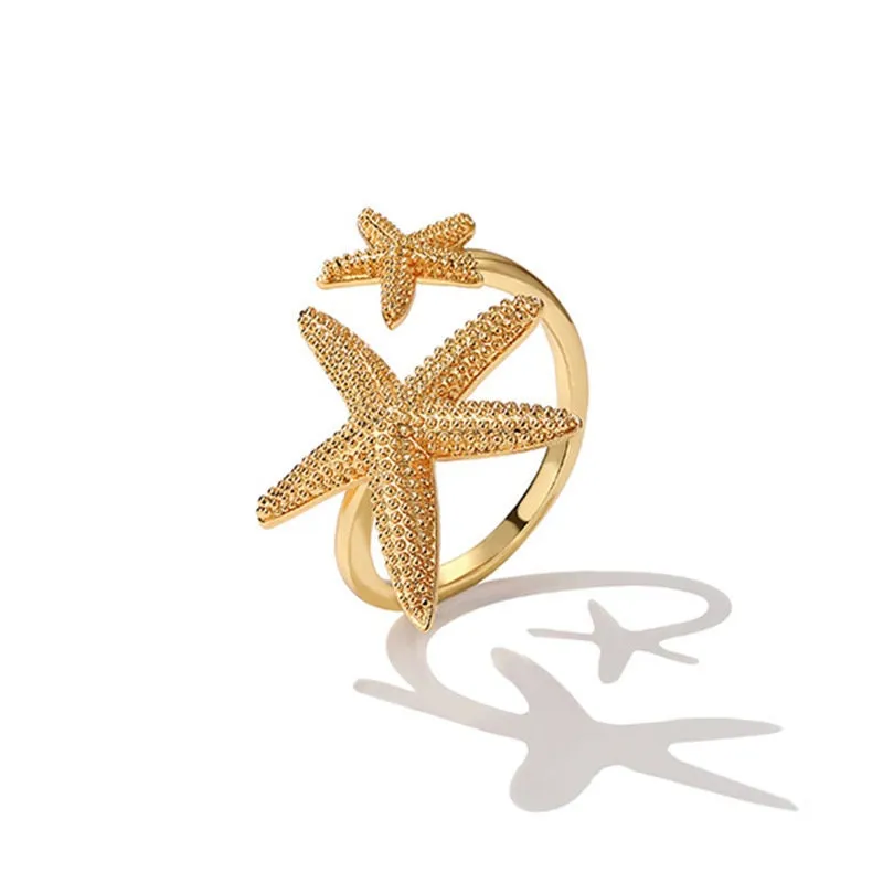 Adjustable Double Starfish Ring for Women - Beach Theme Gift