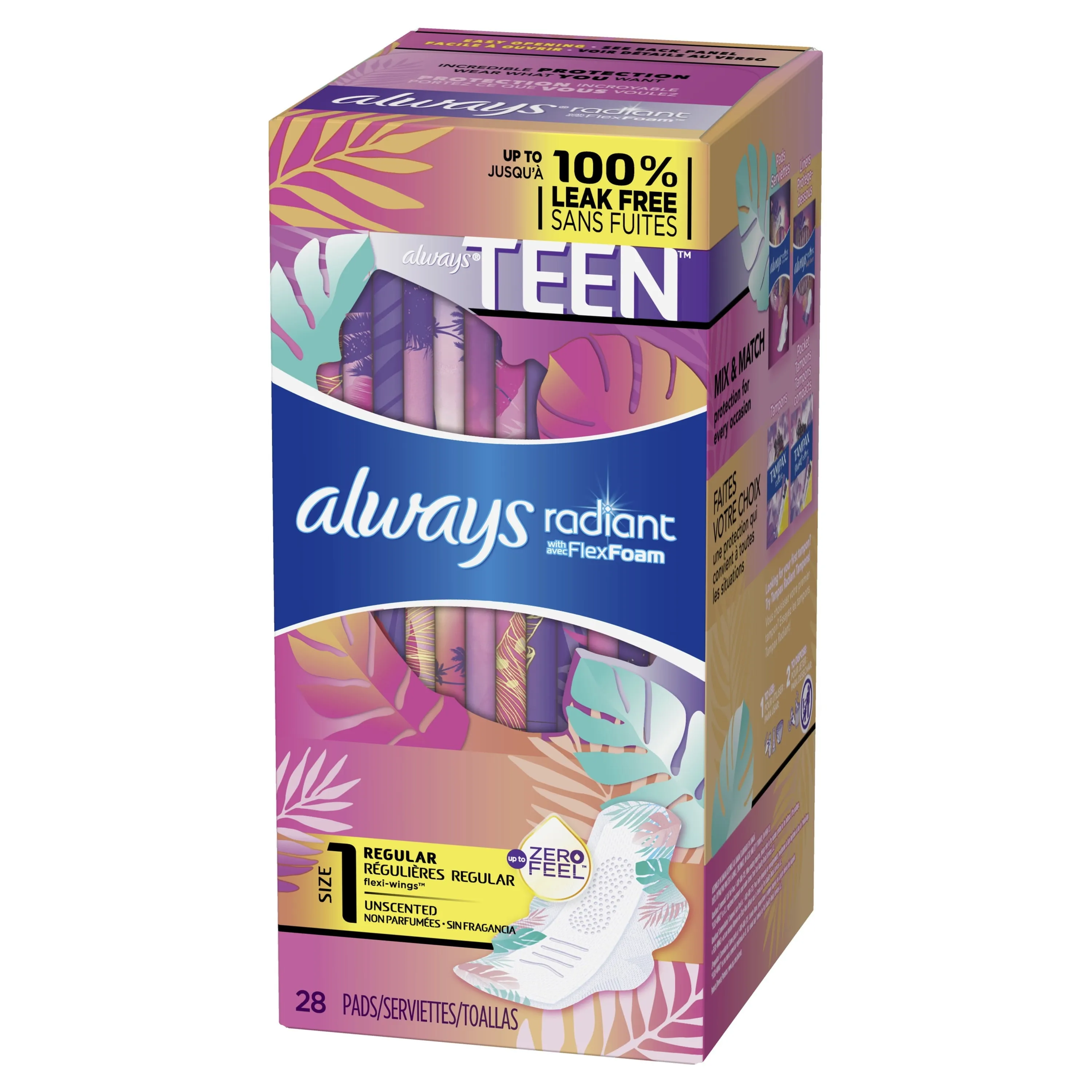 Always Radiant Teen Pads with Wings, Size 1, Regular Absorbency, 28 CT