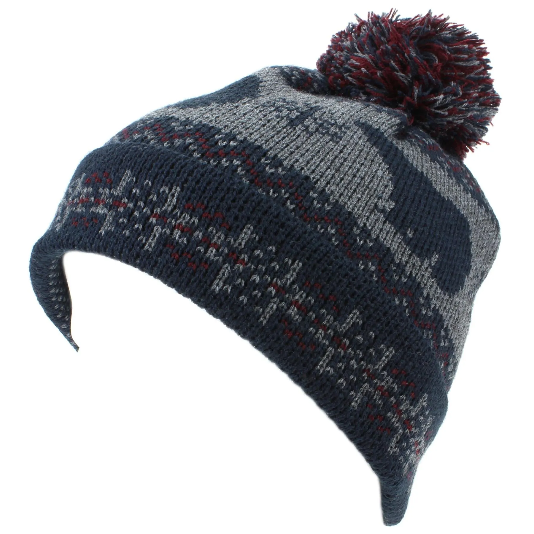 Childrens Fine Knit Bobble Beanie Hat with Polar Bear Print - Navy & Maroon