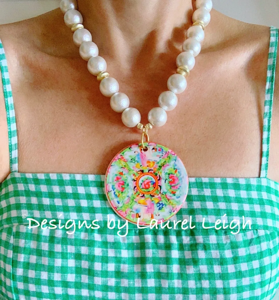 Chinoiserie Rose Medallion Pendant Pearl Necklace