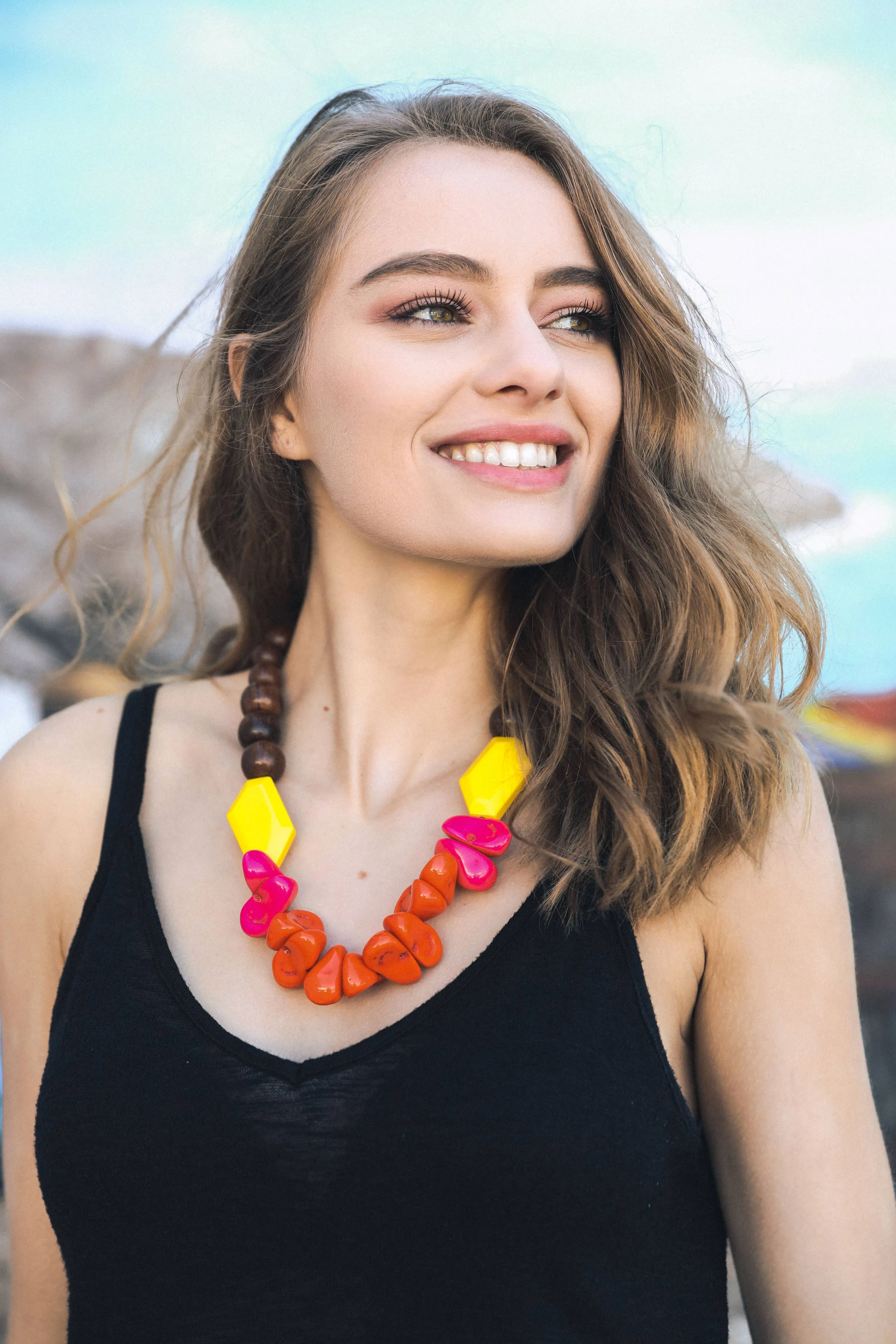 Chunky Neon and Wood Beaded Statement Necklace