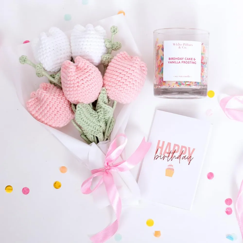 CONFETTI GIFTS Birthday Gift Hamper for Her| Pack of 3 Items- Crochet Flower Bouquet,Scented Candle, Happy Birthday Greeting Card | Birthday Gift for Girlfriend, Sister, Wife, Mother and Friends