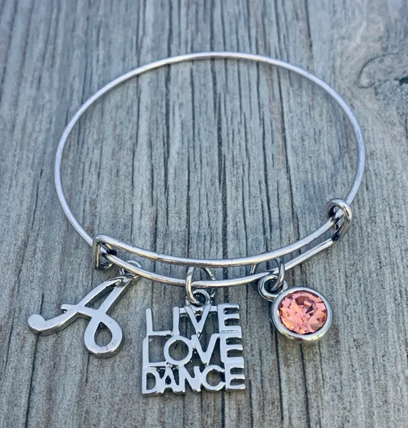 Dance Birthstone & Letter Bangle Bracelet