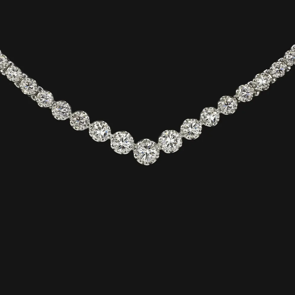 DIAMOND RIVIERA NECKLACE GRADUATED TENNIS V SHAPE NATURAL WHITE GOLD 4 CARAT