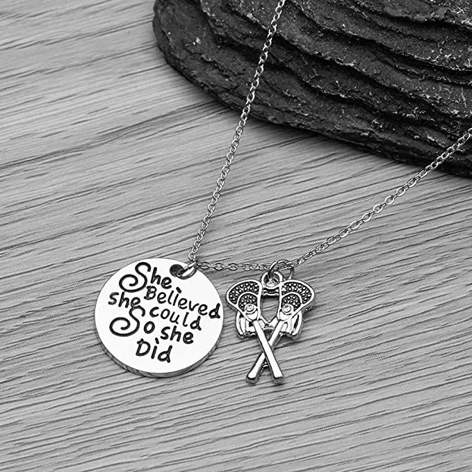 Girls Lacrosse Necklace- She Believed She Could So She Did