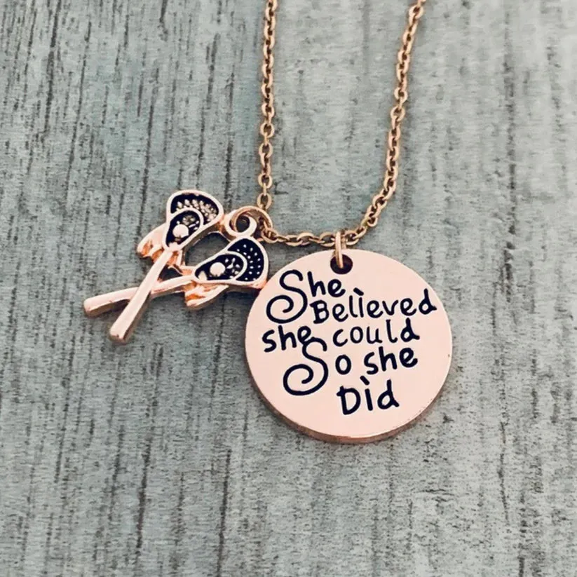 Girls Lacrosse Necklace- She Believed She Could So She Did