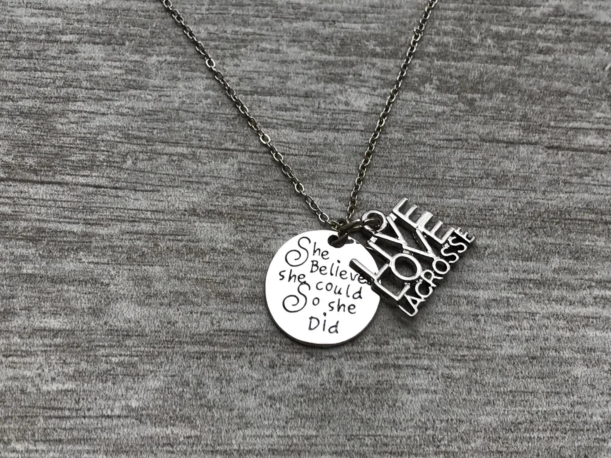 Girls Lacrosse Necklace- She Believed She Could So She Did