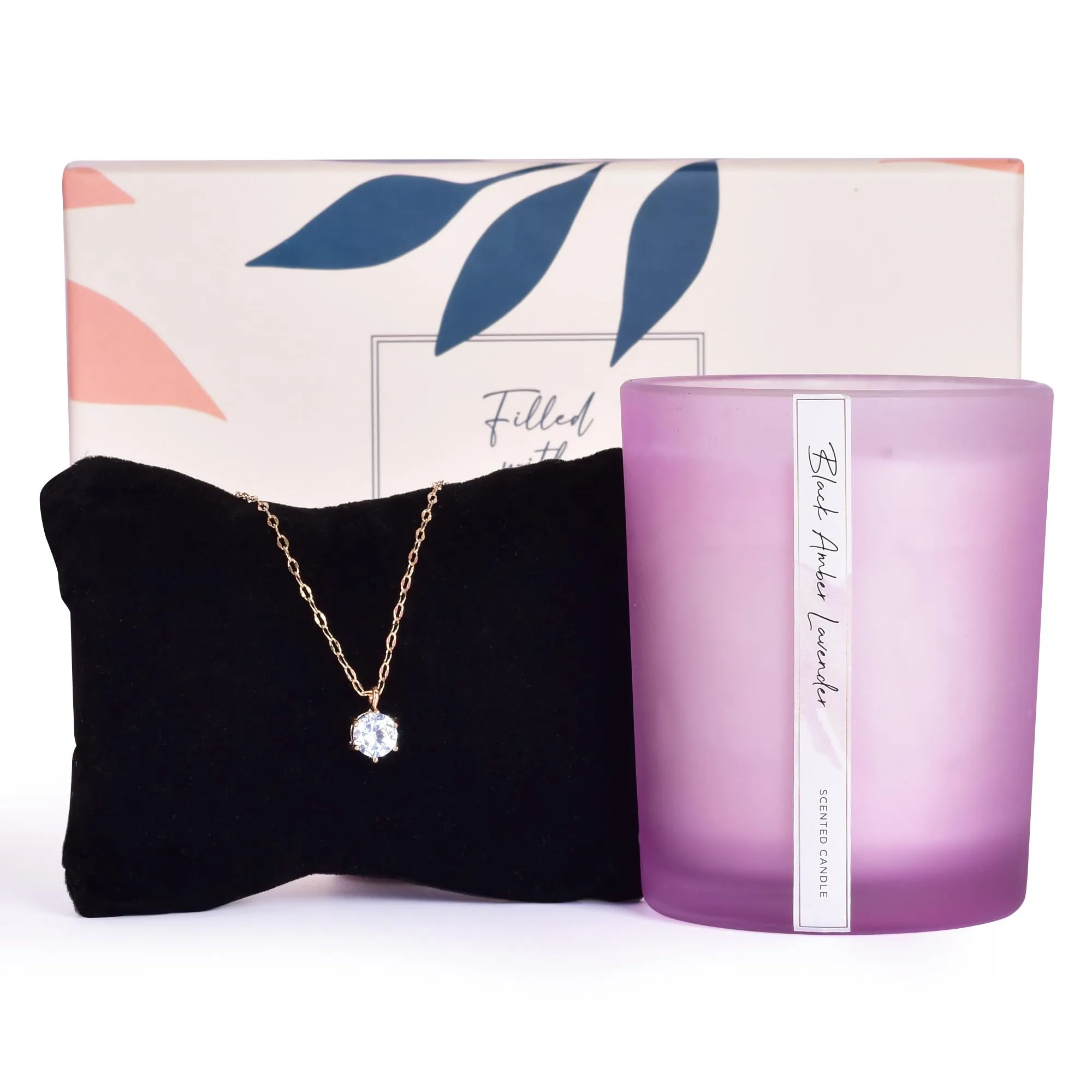 Gleevers Gift Set for Women |Gift Box of 2 with Candle (Black Amber Lavender,250g) & Stone Pendant Necklace|Birthday Gift,Anniversary Gift,Valentine Gift,Secret Santa Gifts