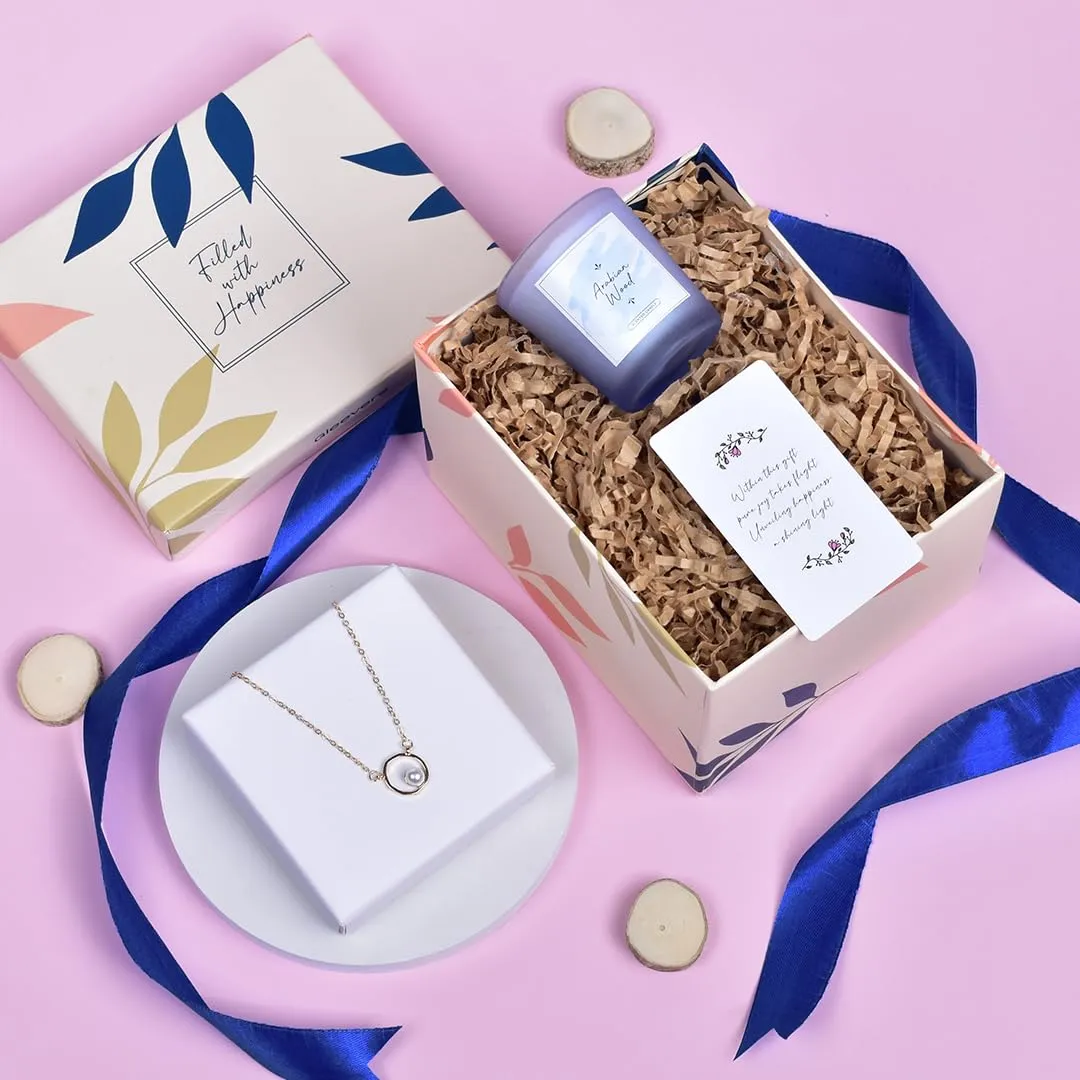 Gleevers Gift Set for Women |Gift Box of 2 with Candle (Black Amber Lavender,60gm) & Pearl Pendant Necklace|Birthday Gift,Anniversary Gift,Valentine Gift,Secret Santa Gifts