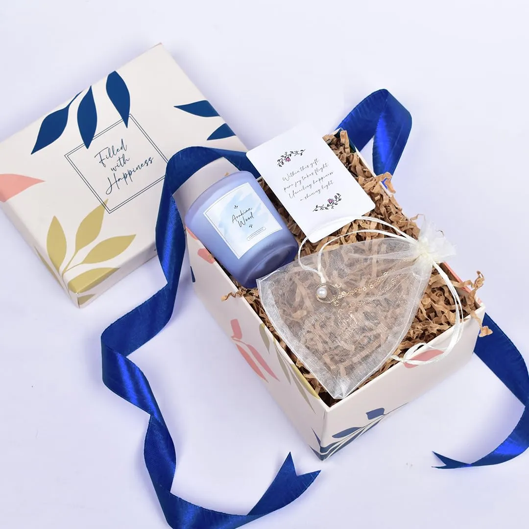 Gleevers Gift Set for Women |Gift Box pack of 2 with Candle (Arabian Wood,60gm) & Pearl Pendant Necklace|Birthday Gift,Anniversary Gift, Valentine Gift, Secret Santa Gifts