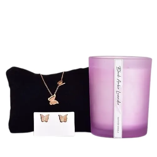 Gleevers Gift Set for Women|Gift Box of 2 with Amber Lavender Candle250g & Butterfly Necklace & Earring|Birthday Gift,Anniversary Gift,Valentine Gift,Secret Santa Gifts