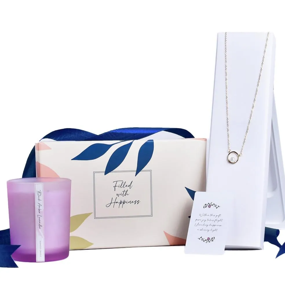 Gleevers Gift Set for Women|Gift Box of 2 with Black Amber Lavender Candle 250g & Pearl Pendant Necklace|Birthday Gift,Anniversary Gift,Valentine Gift,Secret Santa Gifts