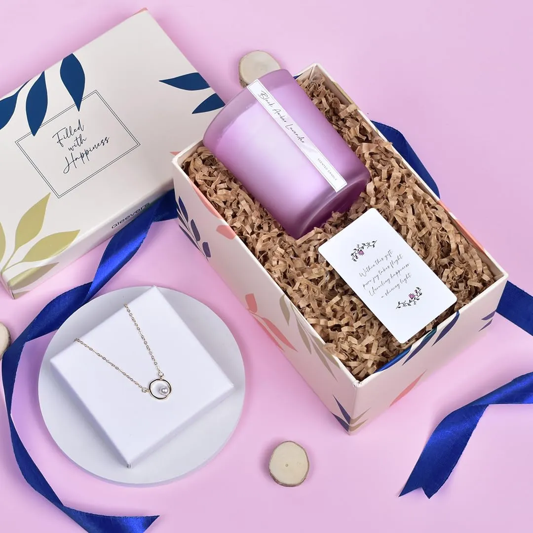 Gleevers Gift Set for Women|Gift Box of 2 with Black Amber Lavender Candle 250g & Pearl Pendant Necklace|Birthday Gift,Anniversary Gift,Valentine Gift,Secret Santa Gifts