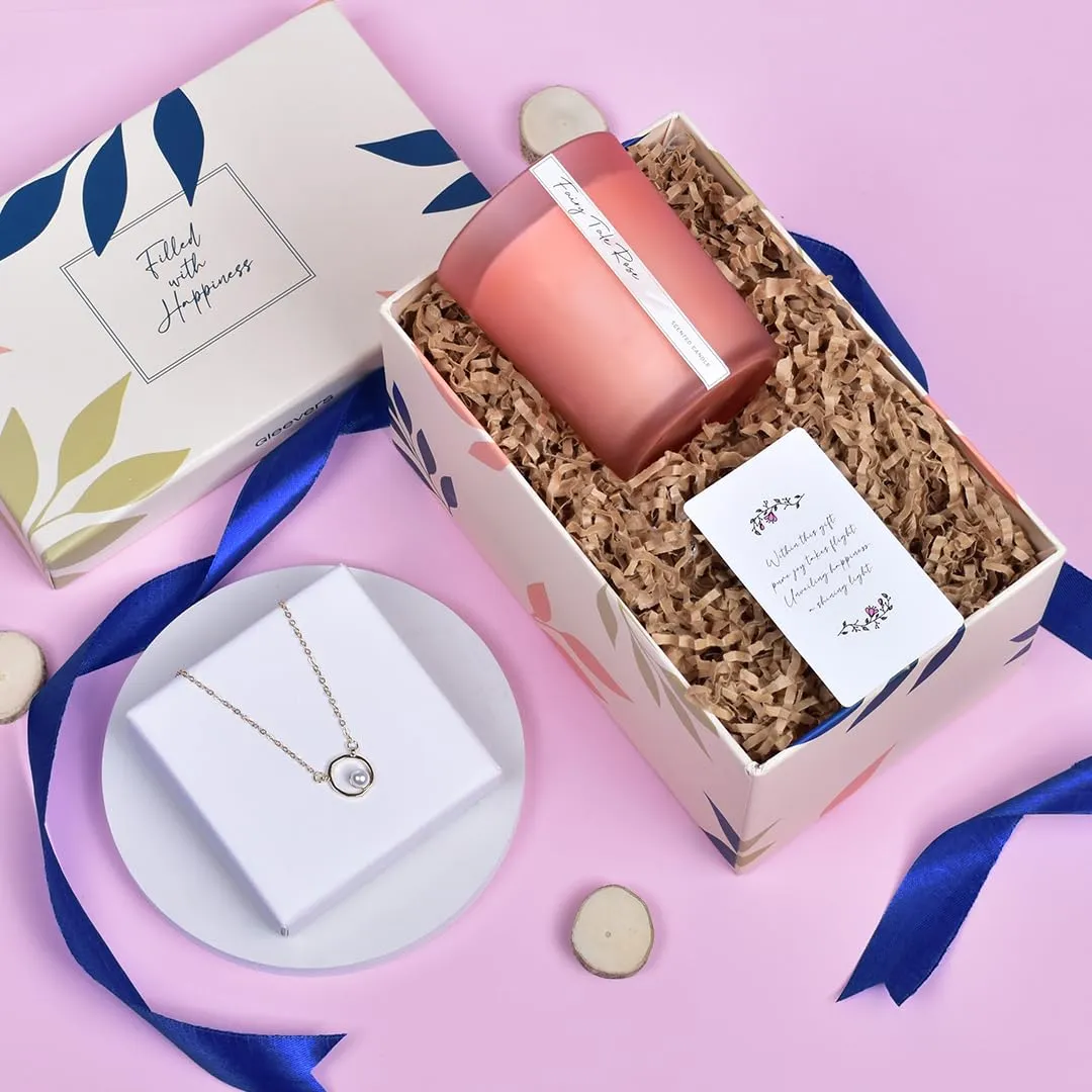 Gleevers Gift Set for Women|Gift Box pack of 2 with Candle(Fairy Tale Rose,250 gm) & Pearl Pendant Necklace|Birthday Gift,Anniversary Gift,Valentine Gift,Secret Santa Gifts