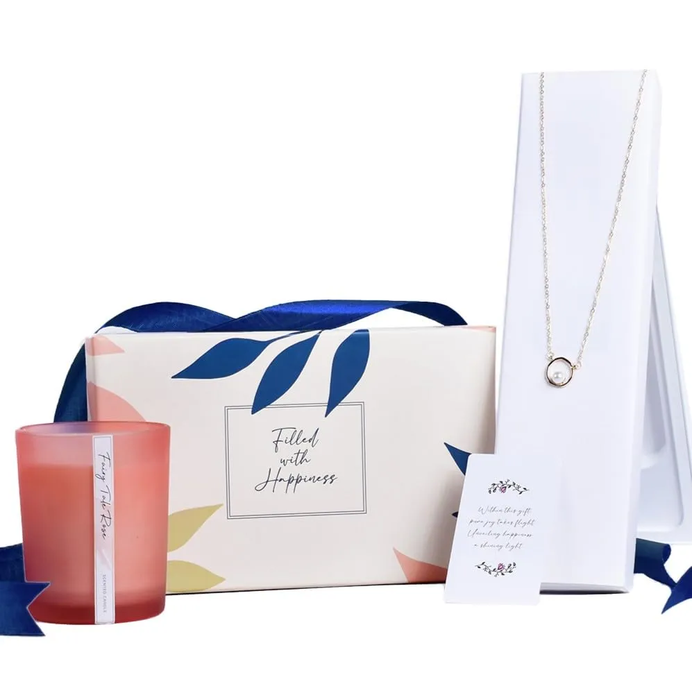 Gleevers Gift Set for Women|Gift Box pack of 2 with Candle(Fairy Tale Rose,250 gm) & Pearl Pendant Necklace|Birthday Gift,Anniversary Gift,Valentine Gift,Secret Santa Gifts