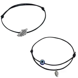 GURJARI JEWELLERS Adjustable Black Thread Anklet with Oxidised Hanging for Girls (Silver Leaf  Evileye)/nazariya anklet