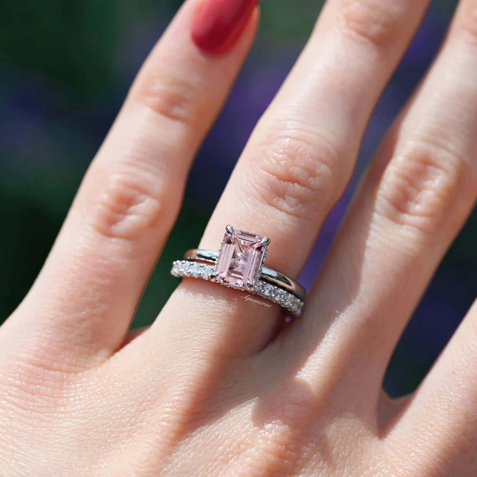 Hidden Halo Emerald Cut Morganite Ring Set- Sterling Silver