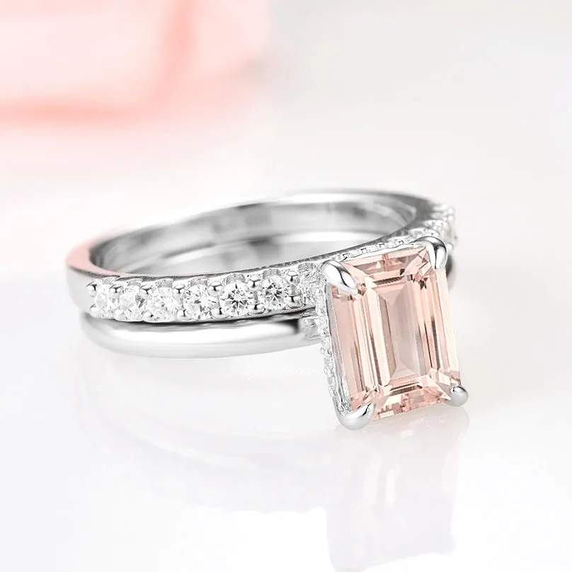 Hidden Halo Emerald Cut Morganite Ring Set- Sterling Silver