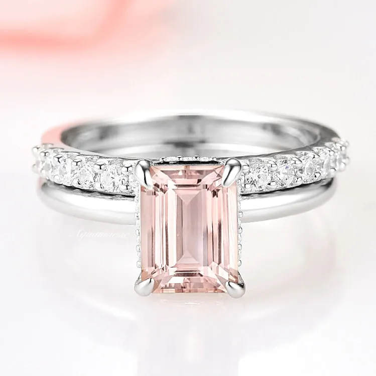 Hidden Halo Emerald Cut Morganite Ring Set- Sterling Silver