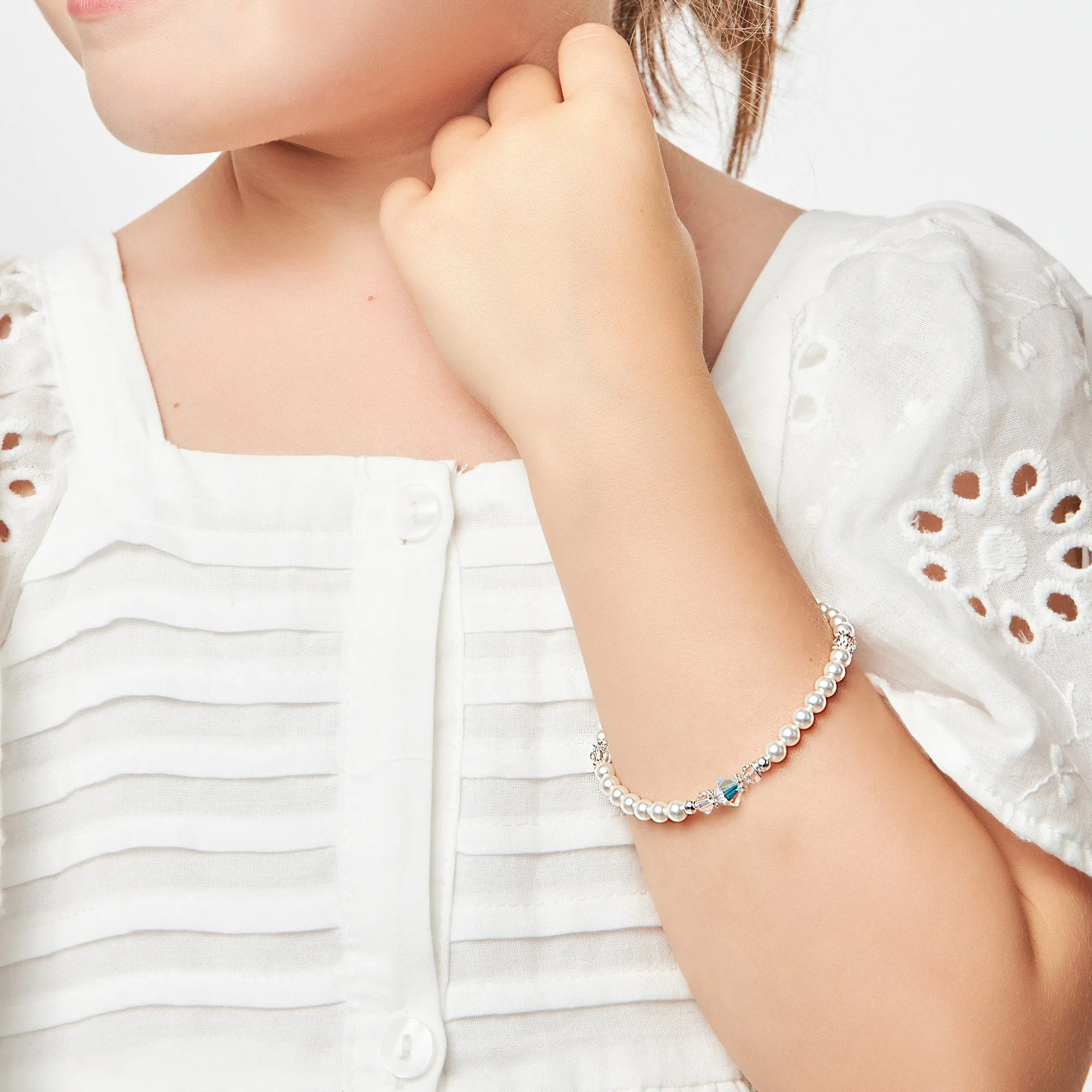 Infant Baby Girl Bracelet with Clear Crystals & white Pearls