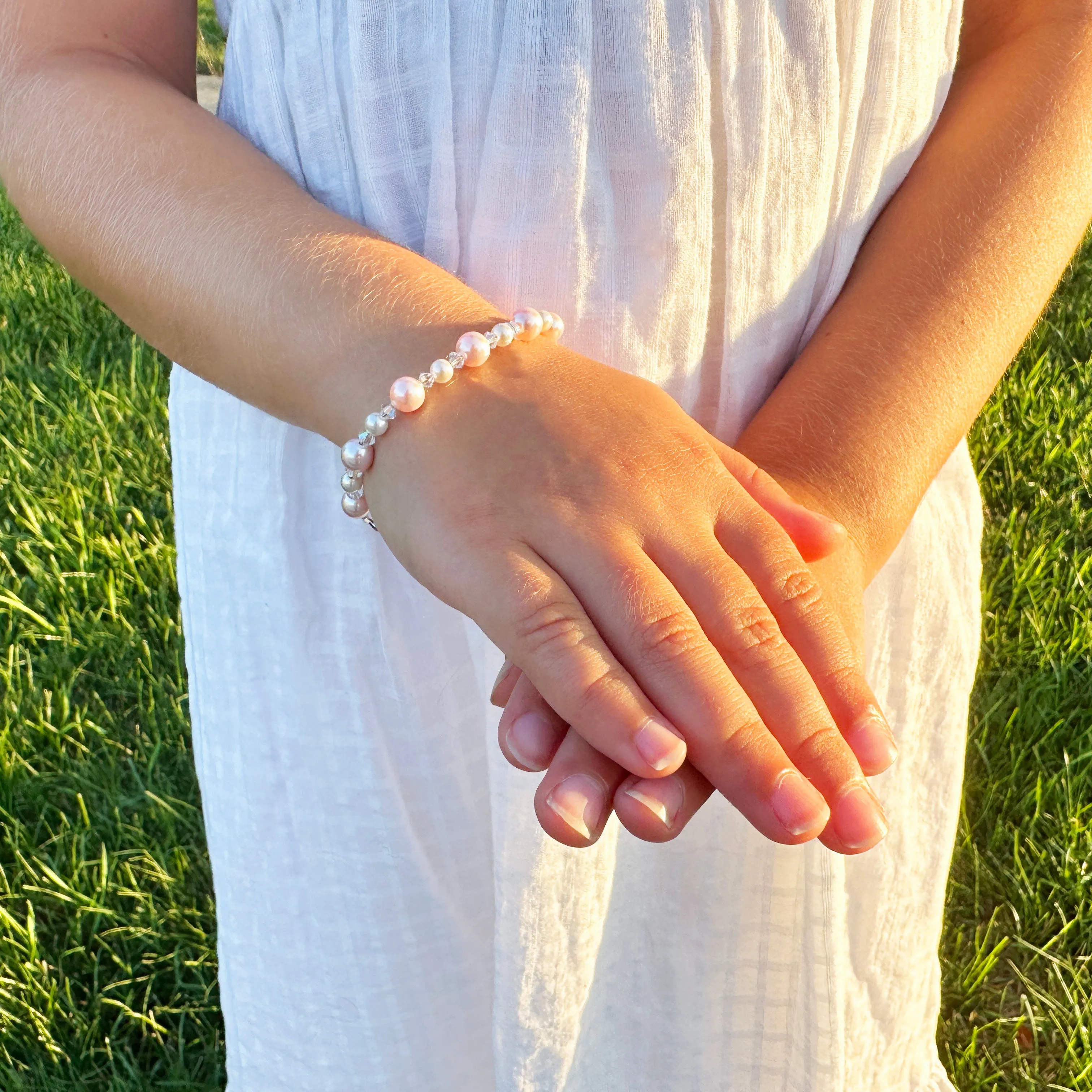 Infant Baby Girl Bracelet with Pink & White Pearls & Clear Crystals