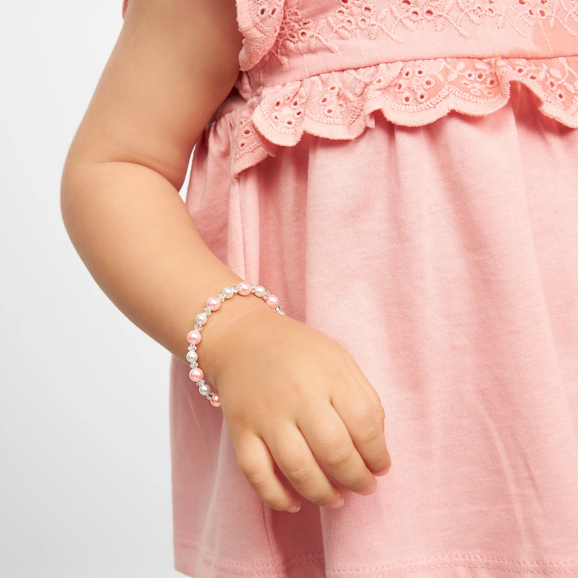 Infant Baby Girl Bracelet with Pink & White Pearls & Clear Crystals