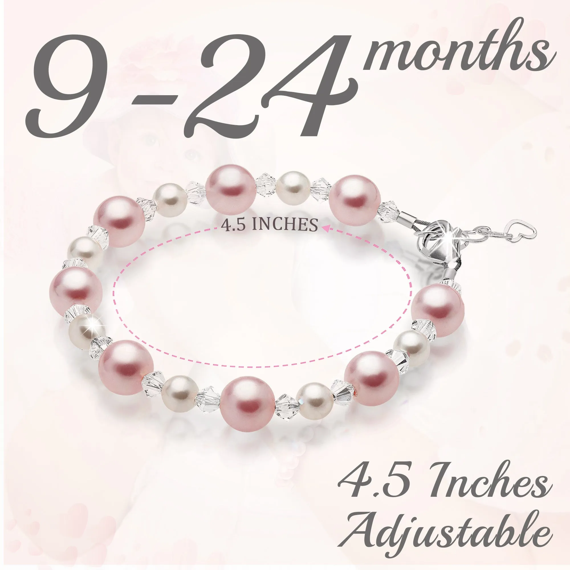 Infant Baby Girl Bracelet with Pink & White Pearls & Clear Crystals