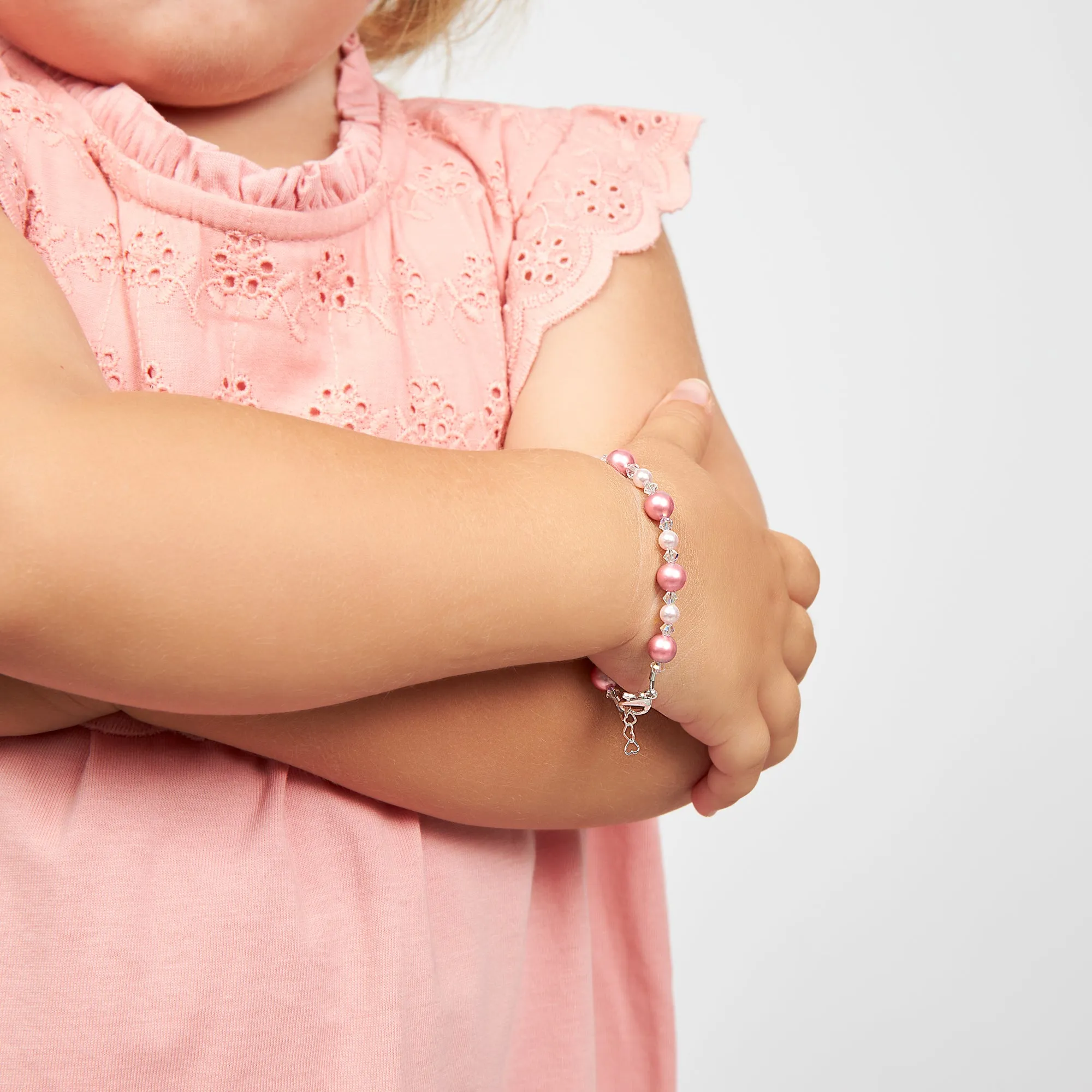 Infant Baby Girl Bracelet with Rose & White Pearls & Clear Crystals