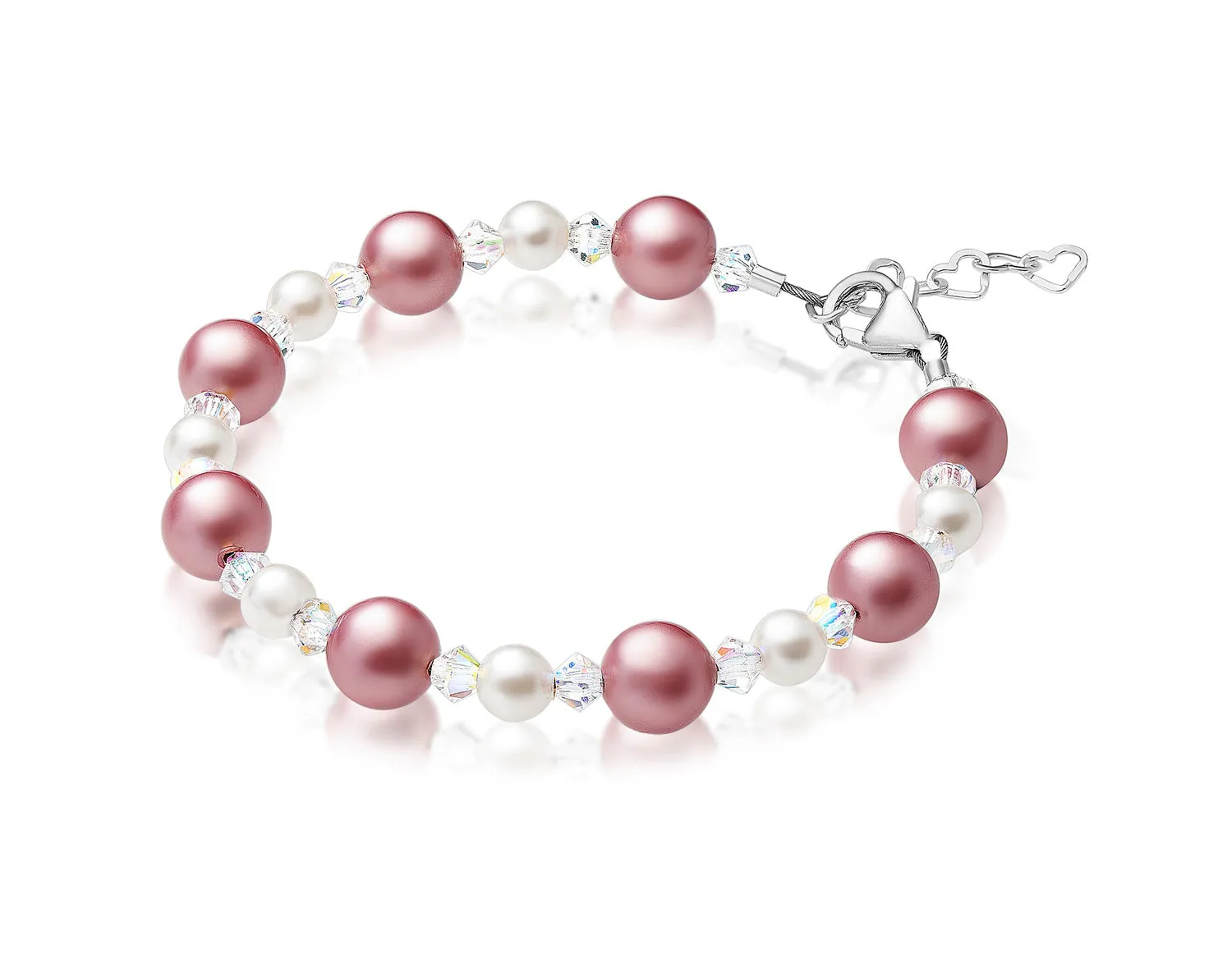 Infant Baby Girl Bracelet with Rose & White Pearls & Clear Crystals