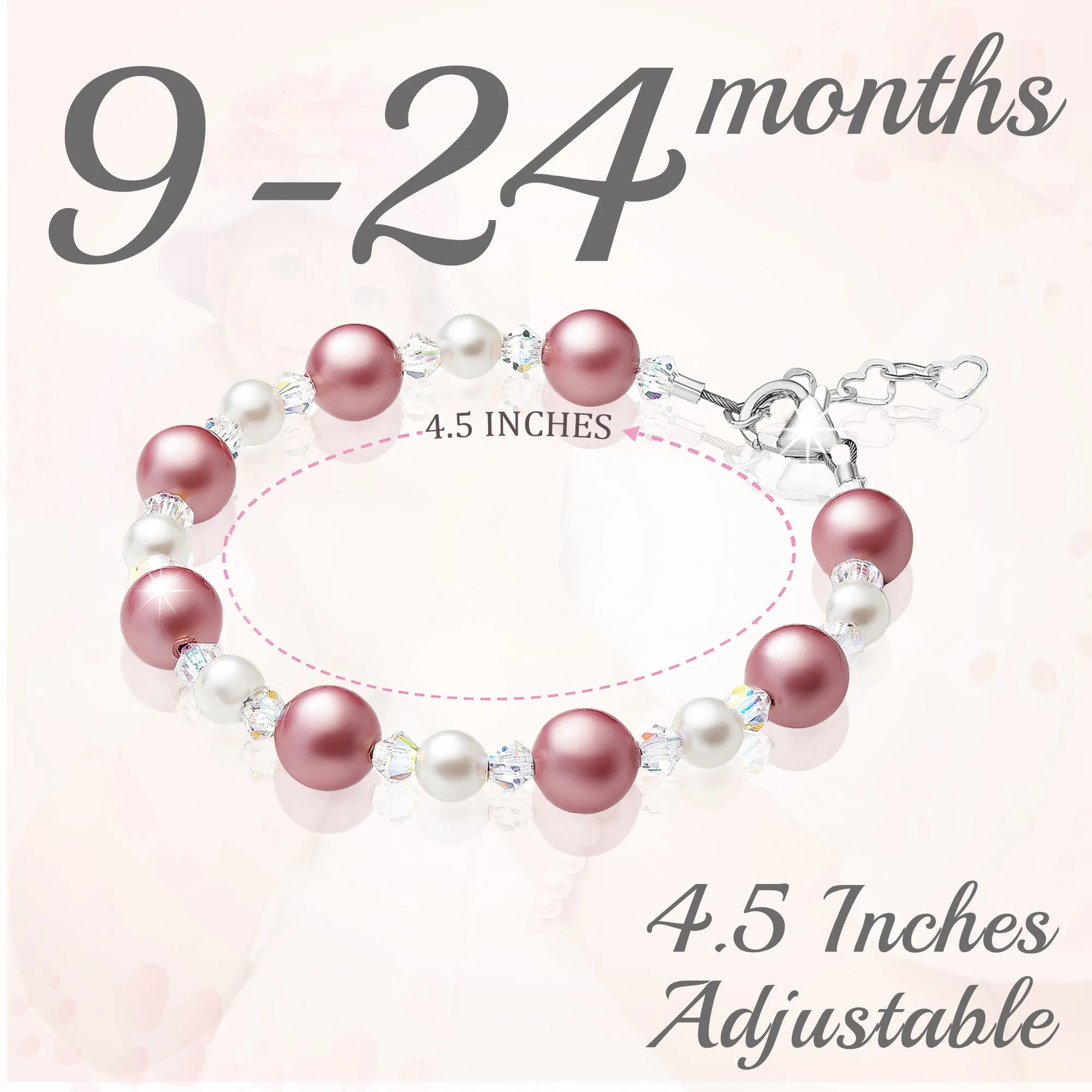 Infant Baby Girl Bracelet with Rose & White Pearls & Clear Crystals