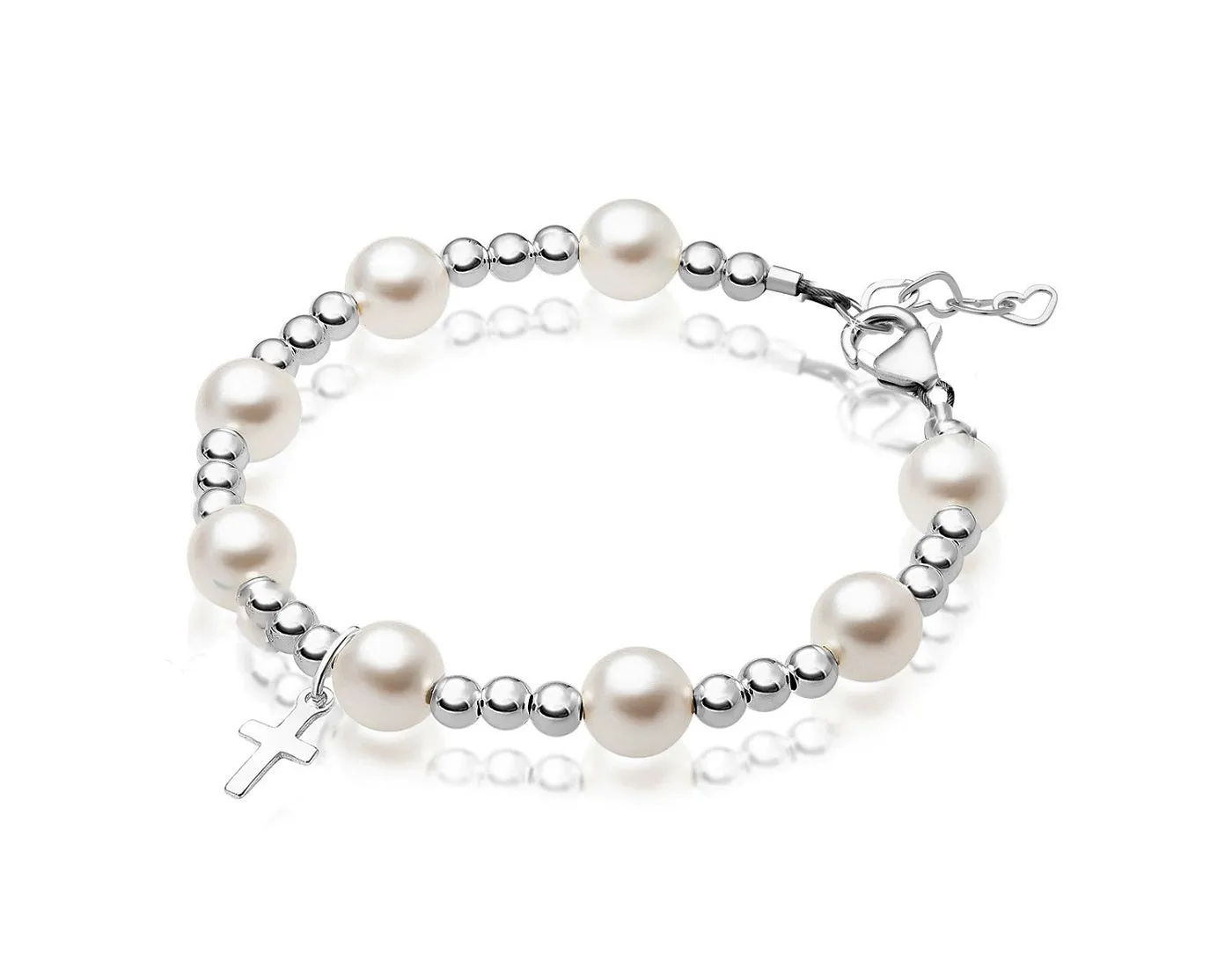 Infant Baby Sterling Silver Beads Baptism Cross Charm White Pearl Bracelet