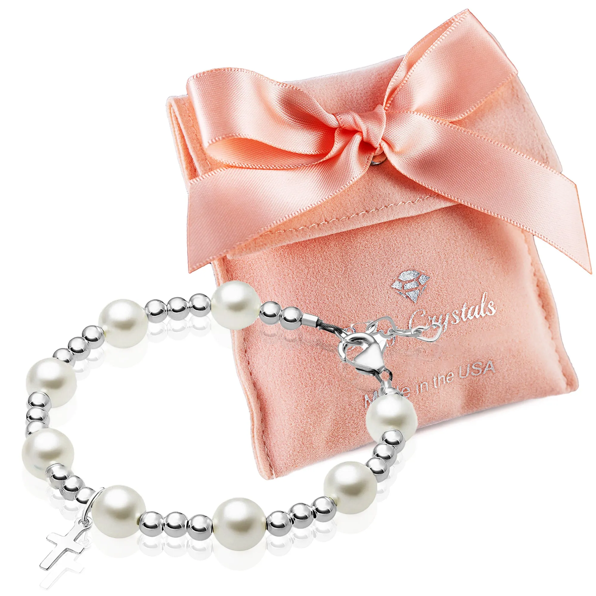 Infant Baby Sterling Silver Beads Baptism Cross Charm White Pearl Bracelet