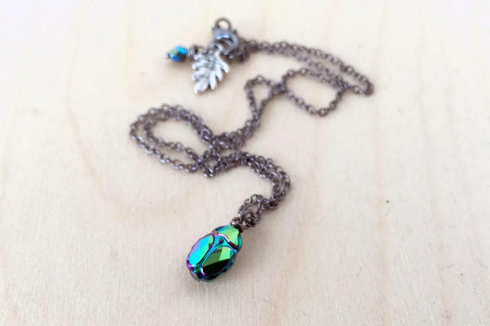 Iridescent Green Beetle Necklace | Cute Insect Charm Necklace | Nature Jewelry