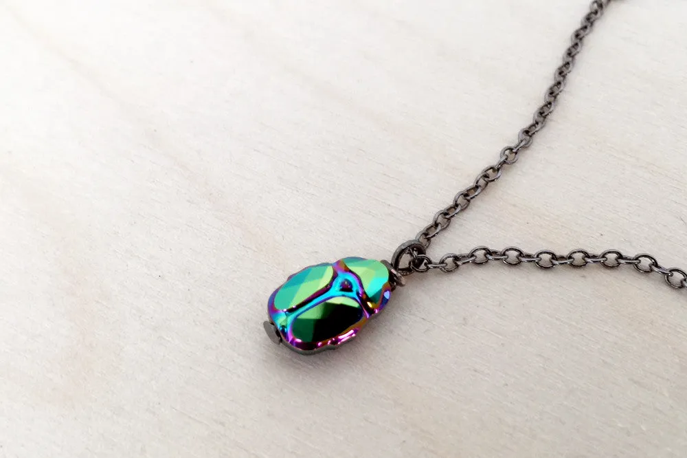 Iridescent Green Beetle Necklace | Cute Insect Charm Necklace | Nature Jewelry