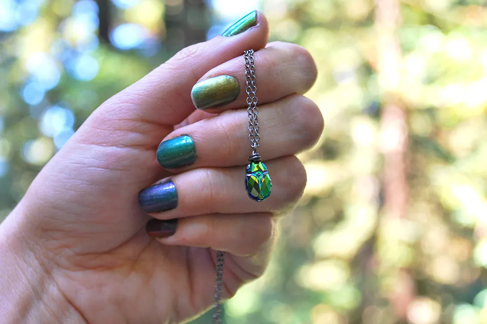 Iridescent Green Beetle Necklace | Cute Insect Charm Necklace | Nature Jewelry