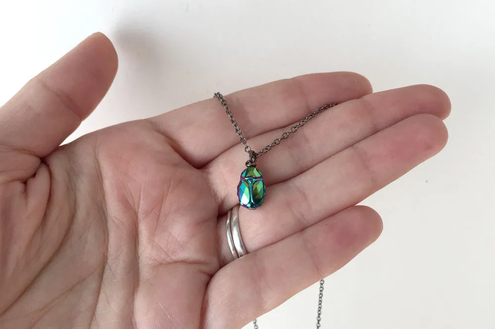 Iridescent Green Beetle Necklace | Cute Insect Charm Necklace | Nature Jewelry