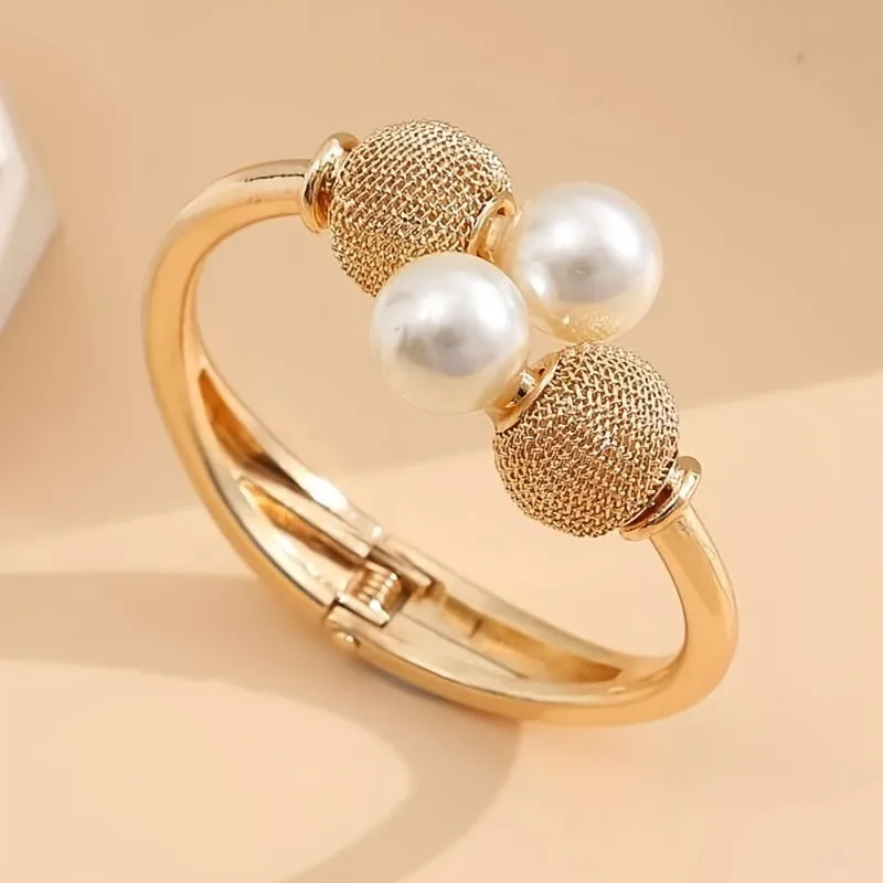 Large Faux Pearls Open Bangle Bracelet