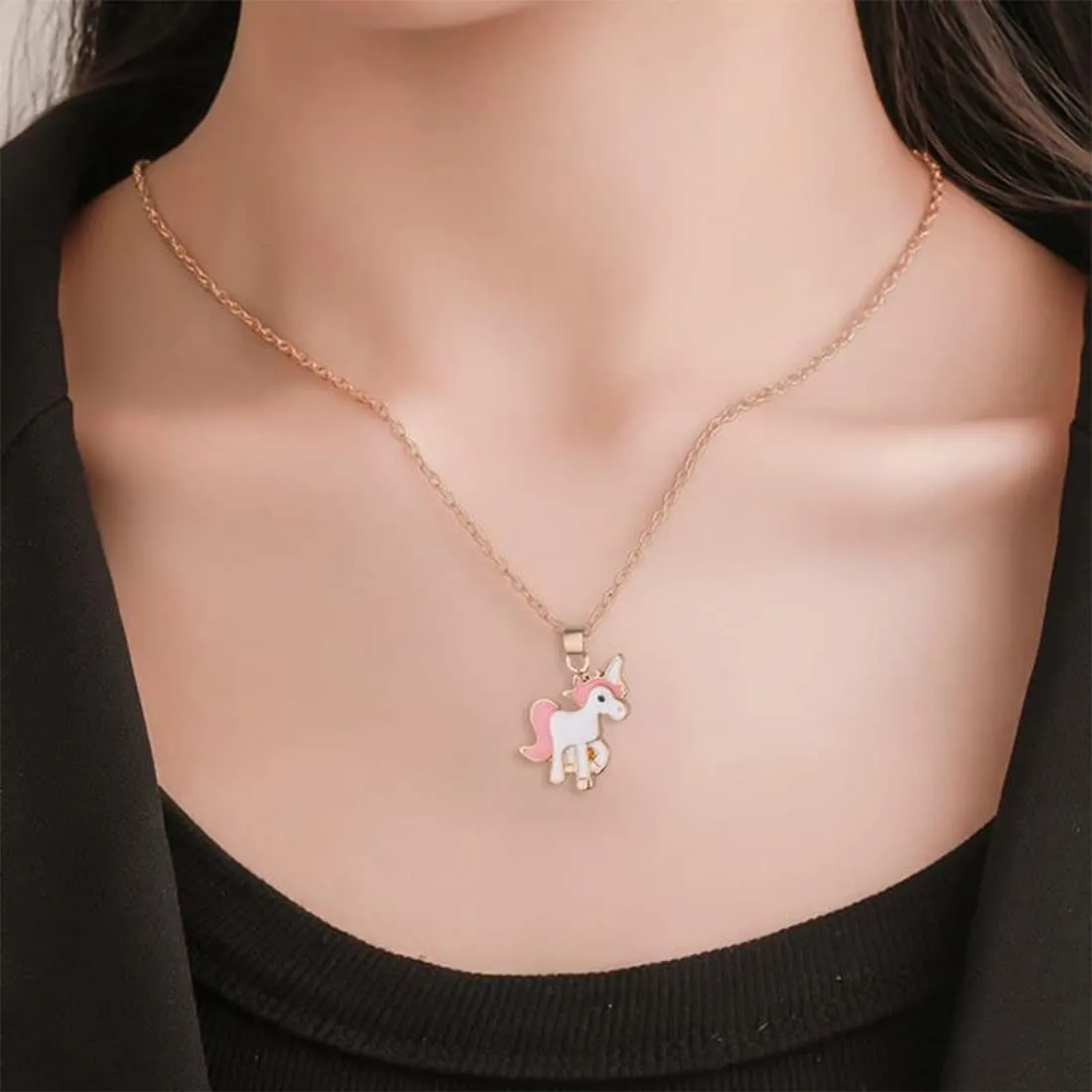 Melbees by Yellow Chimes Pendant Set for Girls Lovely Pink Baby Unicorn Small Pendant Set Necklace with Stud Earrings Kids Jewellery Set for Girls and Kids.