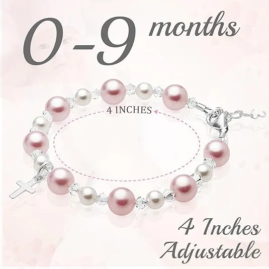 Newborn Baby Girl Baptism Bracelet Sterling Silver Cross Pink & White Pearl Clear Crystals