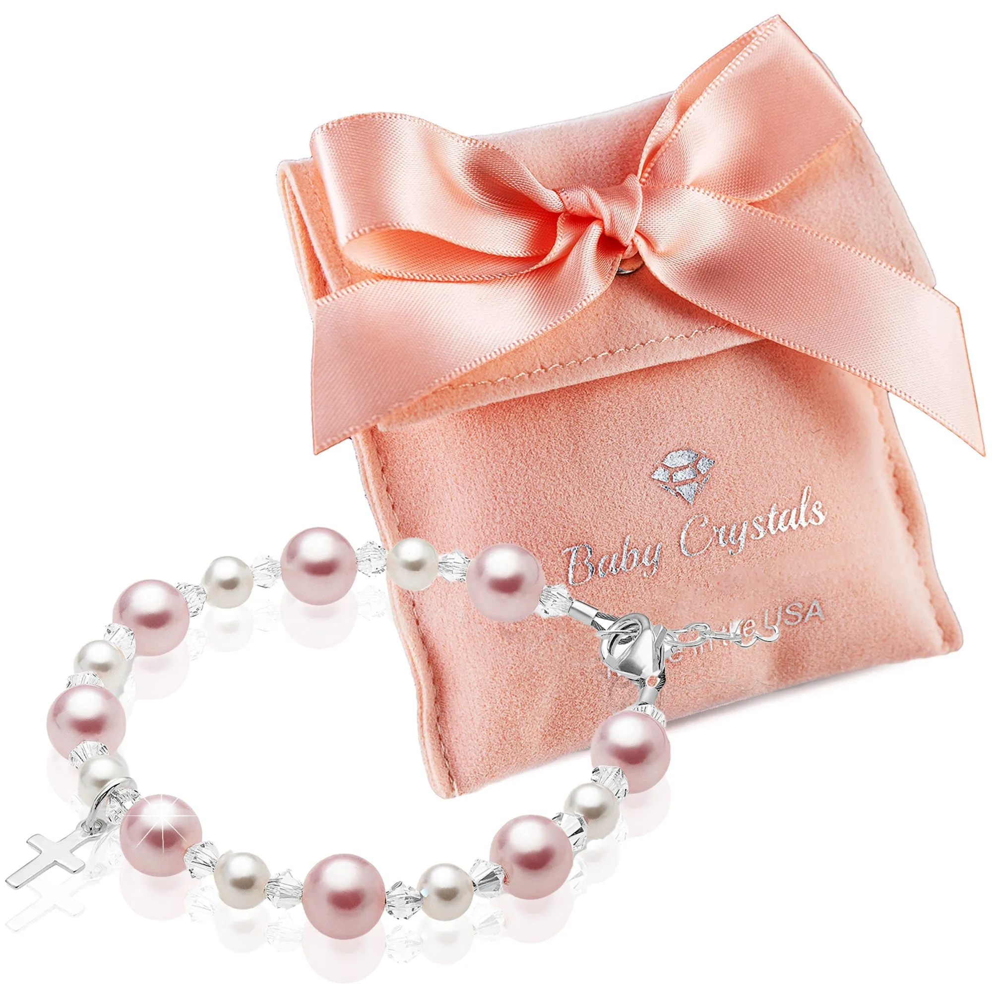 Newborn Baby Girl Baptism Bracelet Sterling Silver Cross Pink & White Pearl Clear Crystals